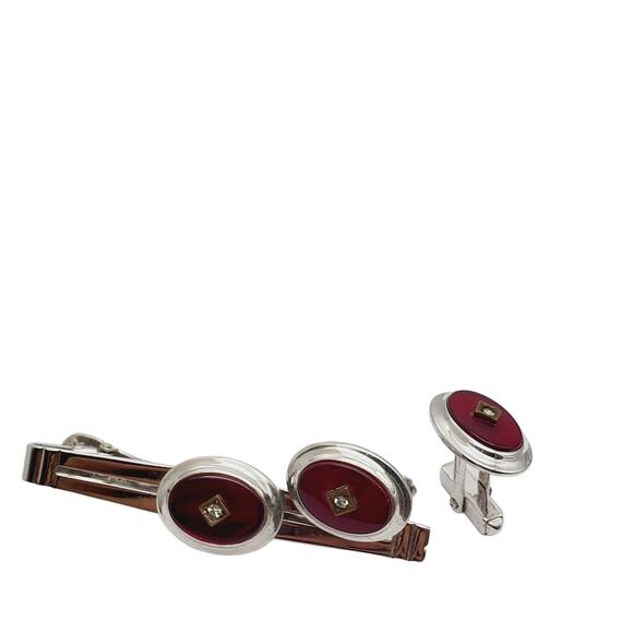 Anson Silver Tone Cufflinks & Tie Bar Red Clasp Clip MCM Oval CZ Rhinestone - Picture 11 of 11